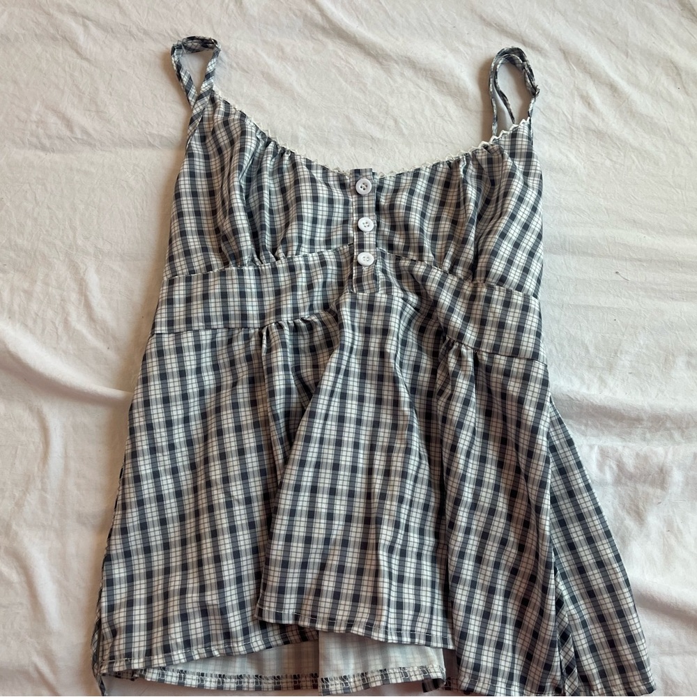 Amazon Blue and White Plaid Buttoned Top